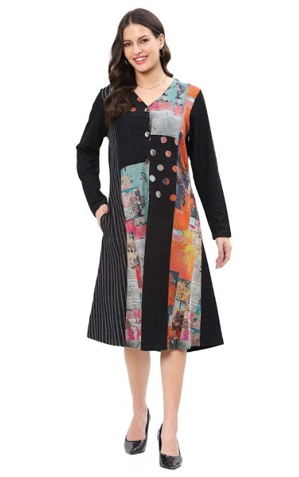Parsley & Sage Vanita Multi-Pattern Dress (BLK)(25W214D2)