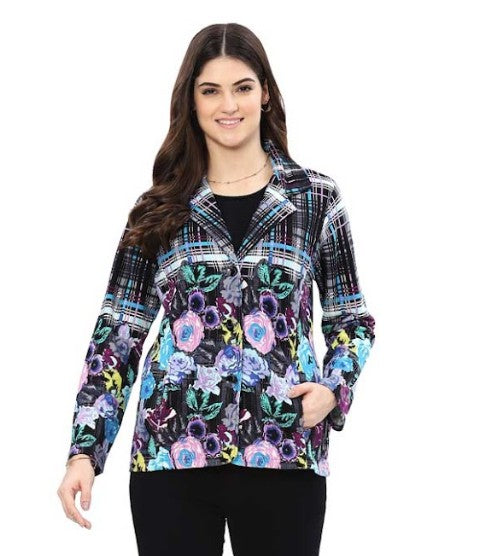 Parsley & Sage Bloom Floral & Plaid Print Jacket (BLK/TURQ/PNK)