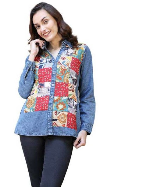 Parsley & Sage Loretta Faux Patches Denim Shirt (DEN/MULTI)
