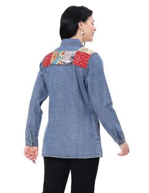 Parsley & Sage Loretta Faux Patches Denim Shirt (DEN/MULTI)
