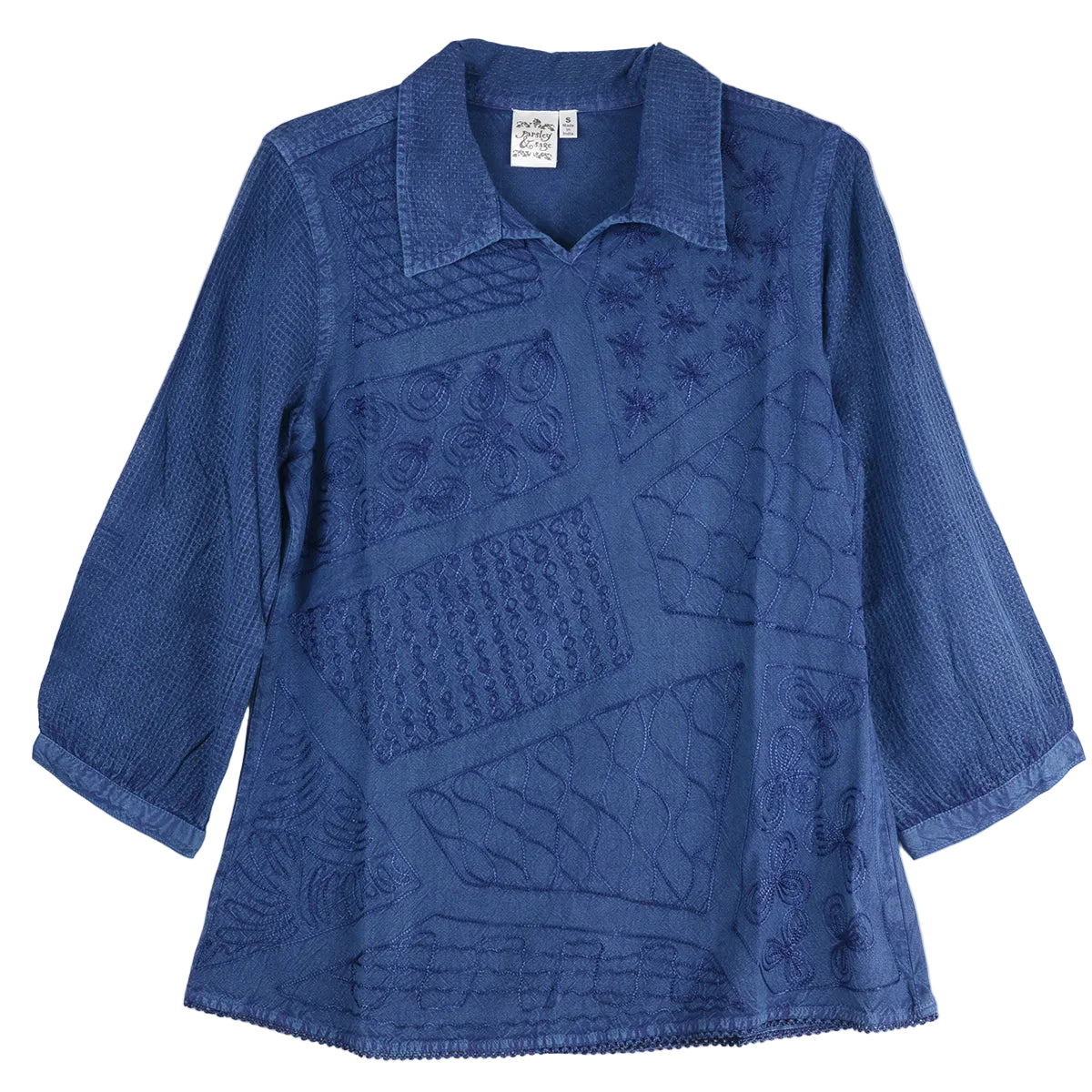 Parsley & Sage Carmen Vintage Wash Tonal Embroidery Shirt (Blue)