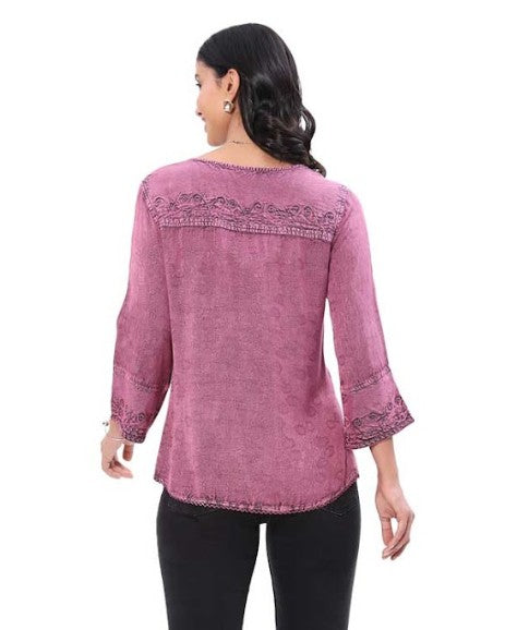 Parsley & Sage Finn Vintage Wash Tonal Embroidery Top (PLUM)(25F584C)