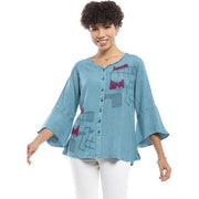 Parsley & Sage Zelda Applique Bell Sleeve Turquoise Top