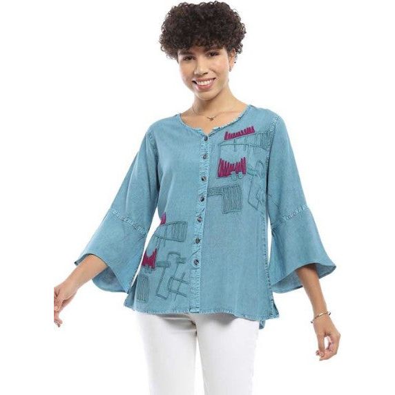 Parsley & Sage Zelda Applique Bell Sleeve Turquoise Top