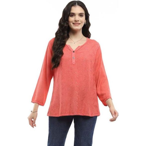 Parsley & Sage Becky Solid Coral Embroidered Top