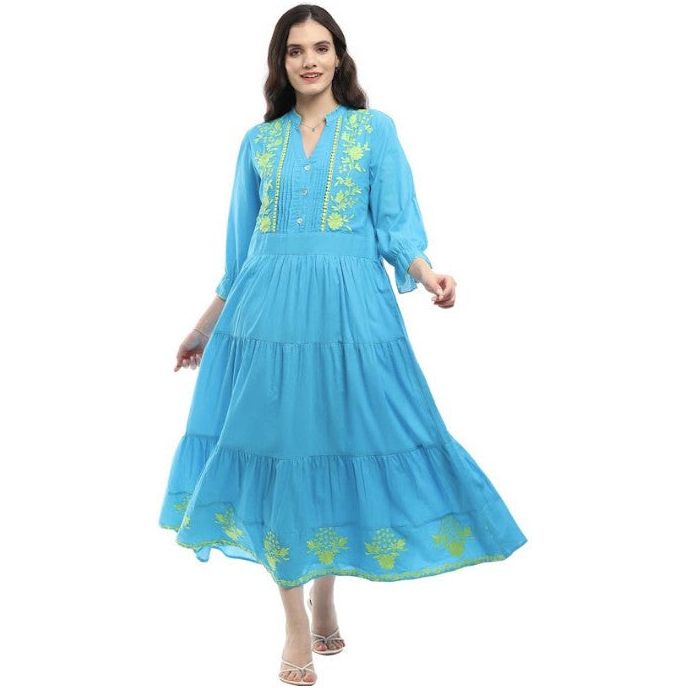 Parsley & Sage Ina Embroidered Turquoise Tiered Long Dress