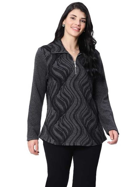 Parsley & Sage Trish Print 1/4 Zip Top (GRY/BLK)