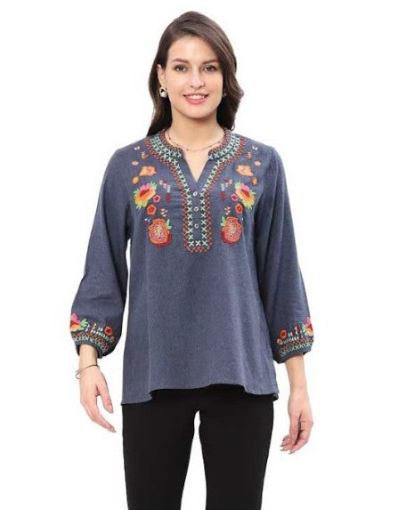 Parsley & Sage Victoria Embroidered Top (DEN/MULTI)(25W252C)