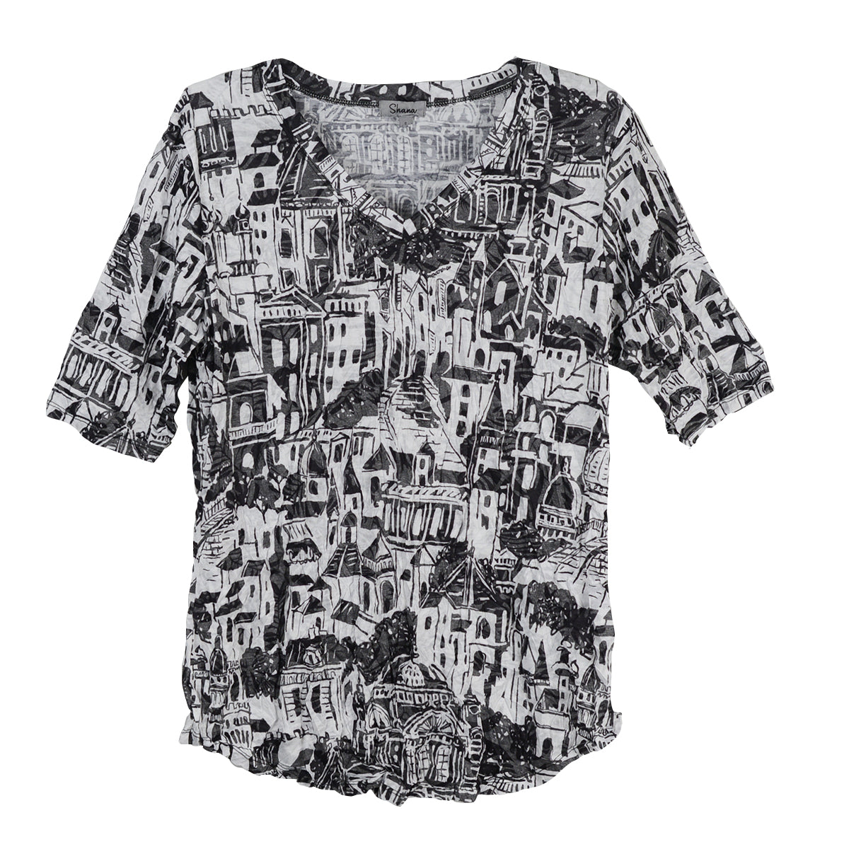 Shana Crinkle V-Neck Top (26021)(Black and White)