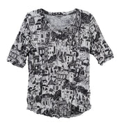 Shana Crinkle V-Neck Top (26021)(Black and White)