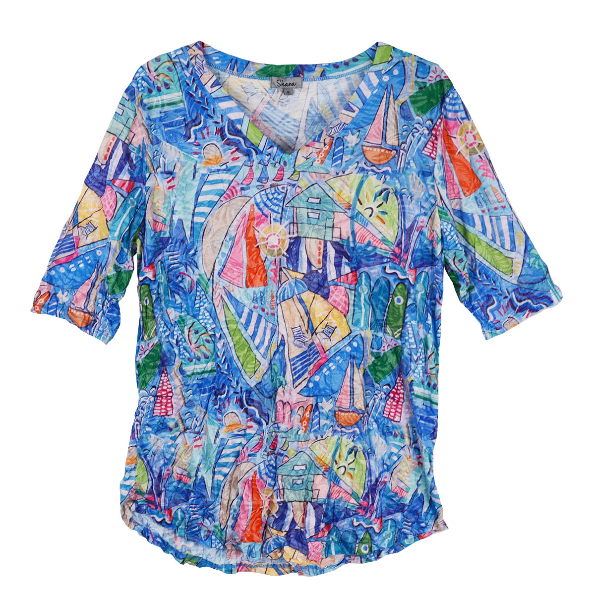 Shana Crinkle V-Neck Top (26021)(Sailboats)