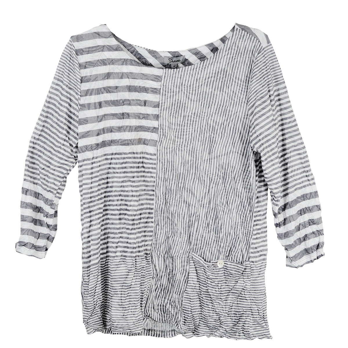 Shana 3/4 Woven Crinkle Stripe Top (26031)(Grey)