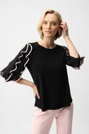 Joseph Ribkoff Hip-length Ruffled Pullover Style (261009)(Black Pink)
