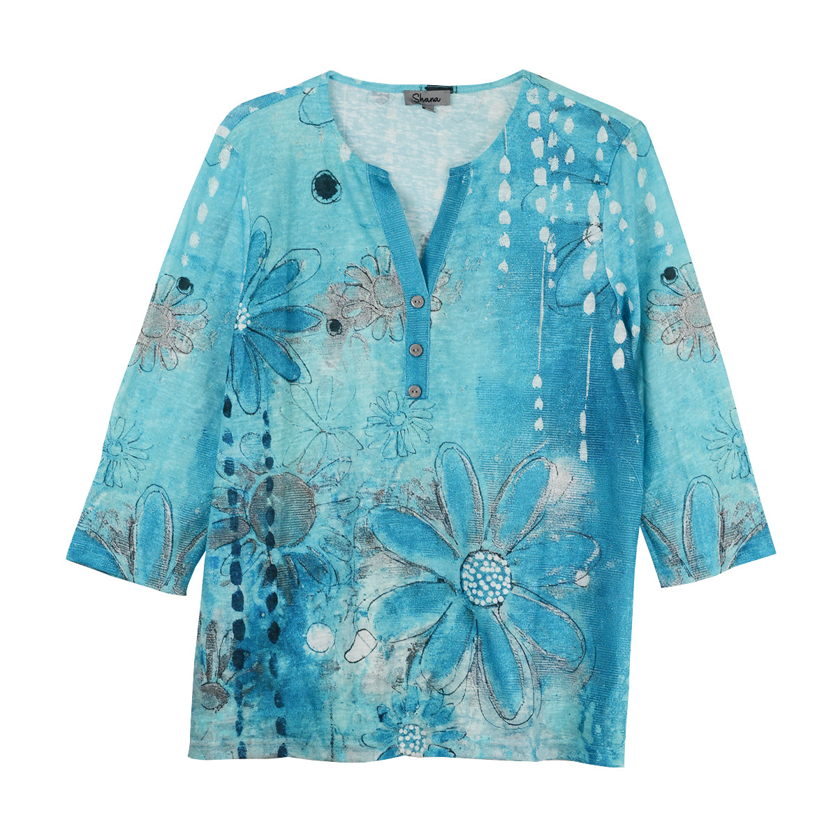 Shana Allover Floral Knit Button Tunic Top (26107)(Aqua)