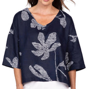 Olivia Floral Tessa Flax Linen Top (261136) (Navy and White)