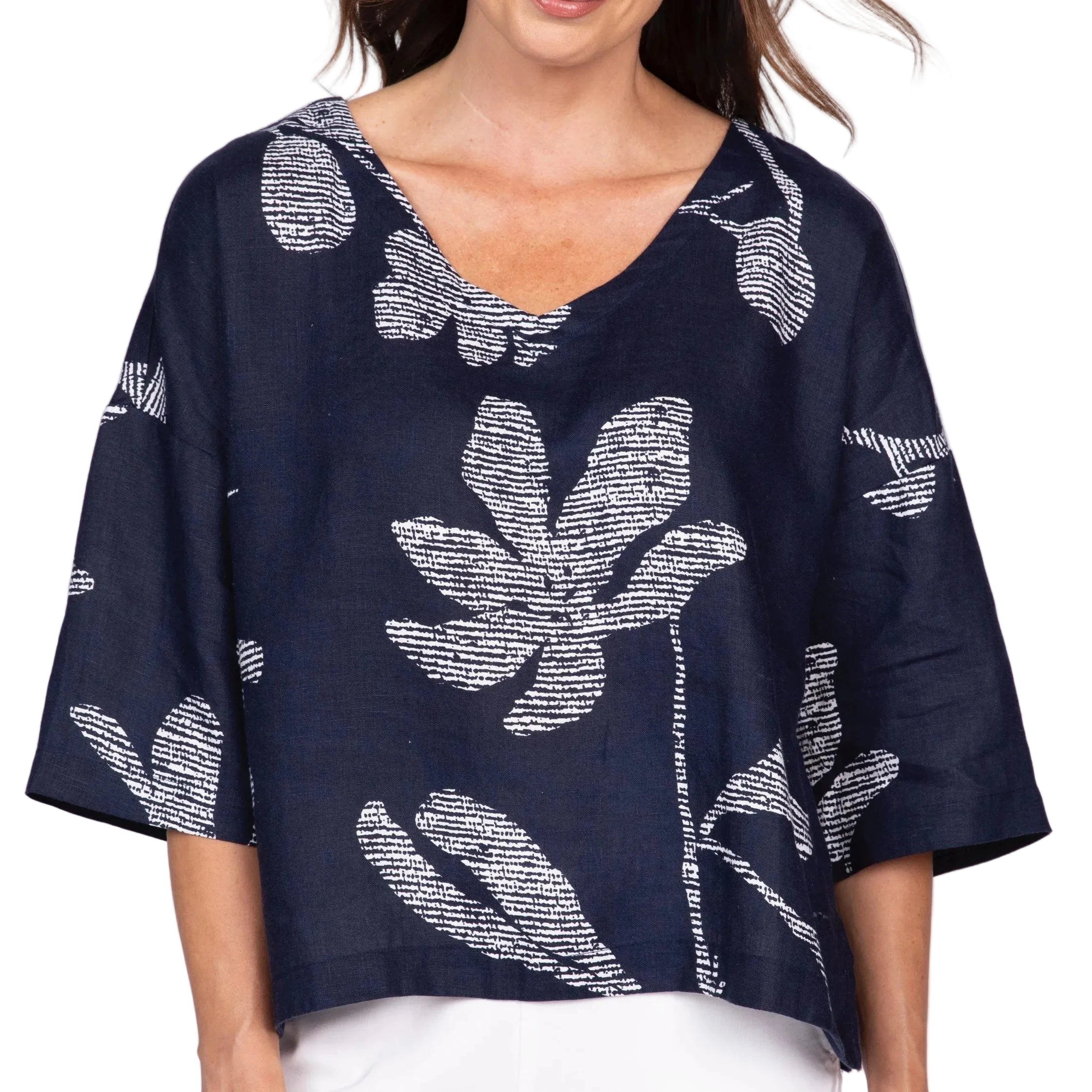 Olivia Floral Tessa Flax Linen Top (261136) (Navy and White)