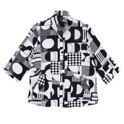 Shana Button Front Deco Print Pocket Shirt (26203)(Black And White )