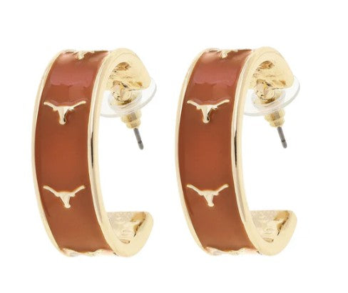Texas Longhorn Canvas Orange Enamel Logo Hoop Earrings (GLD) (26246E-TEX-O)