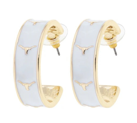 Texas Longhorn Canvas White Enamel Logo Hoop Earrings (26246E-TEX-WHT)