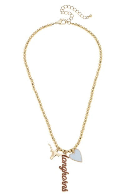 Texas Longhorn Canvas Ball Bead Charm Necklace (GLD)(26248N-TEX)