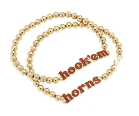 Texas Longhorn Canvas Enamel Hook 'em Horns Slogan Ball Bead Stretch 2 Bracelet Set (GLD) (26250N-TEX)