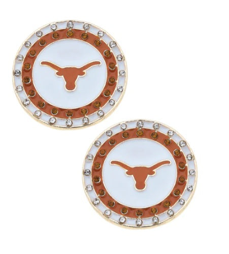 Texas Longhorn Canvas Pave Longhorn Disk Stud Earrings (BO/WHT) (26260E-TEX)