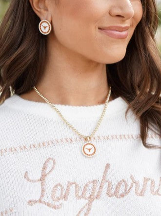 Texas Longhorn Canvas Pave Longhorn Disk Stud Earrings (BO/WHT) (26260E-TEX)