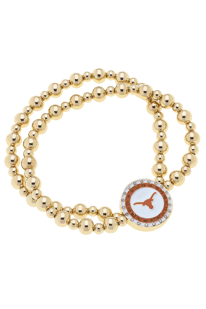 Texas Longhorn Canvas Texas Pave Disc 2-Row Ball Bead Stretch Bracelet (GLD) (26261B-TEX)
