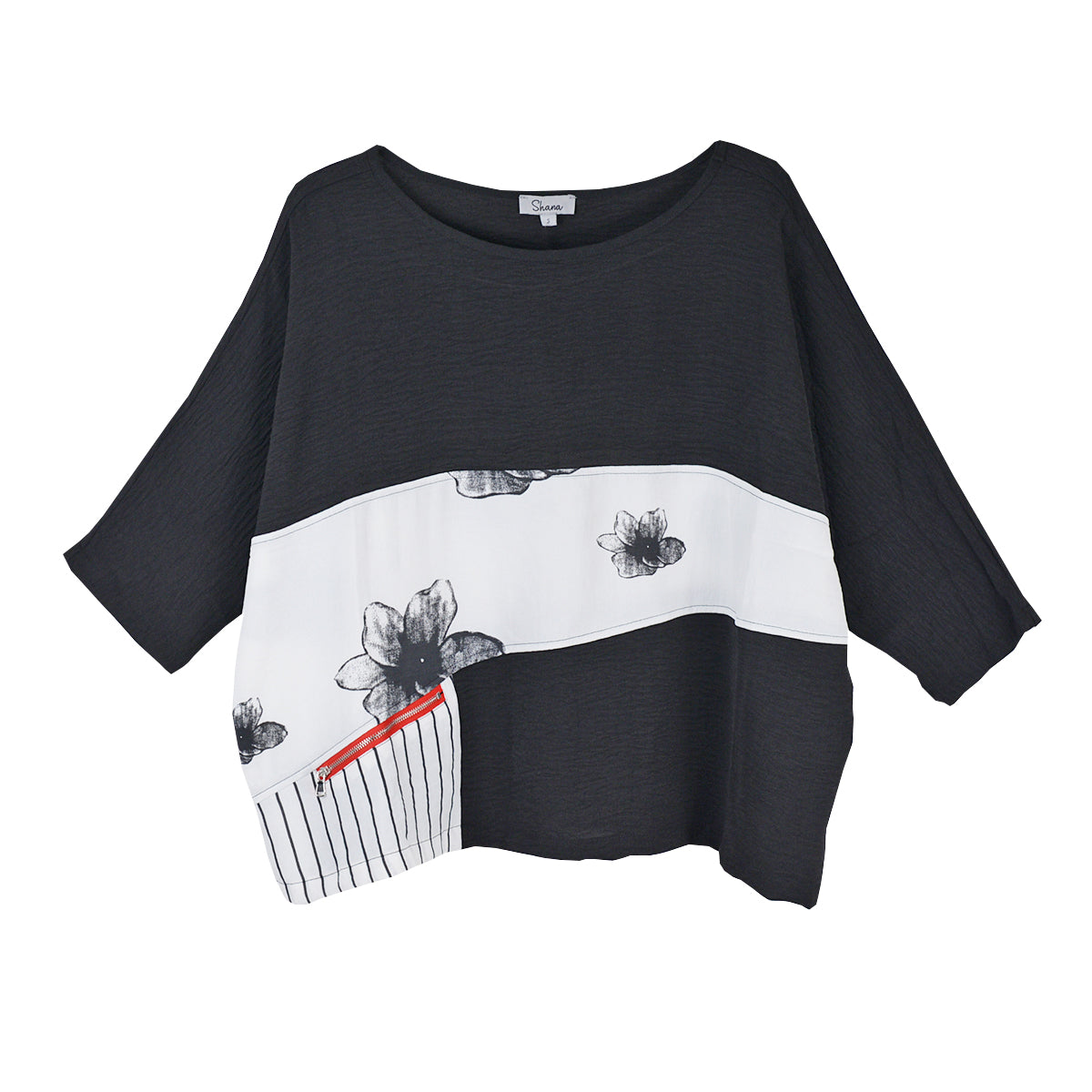 Shana Airflow Stripe and Print Zipper Detail Top (26263) (White & Black )