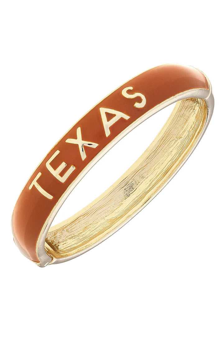 Texas Longhorn Canvas TEXAS spelled Burnt Orange Enamel Hinge Bracelet (GLD) (26268B-TEX-BurntOrange)