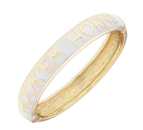 Texas Longhorn Canvas Hook'em Horns White Enamel Hinge Bracelet (GLD) (26268B-TEX-WHT)
