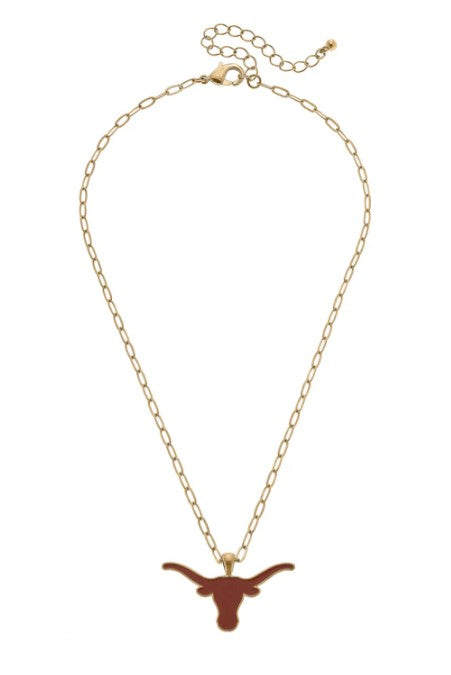 Texas Longhorn Canvas Enamel Logo Pendant Necklace (BO/GLD) (26268N-TEX-GLD)