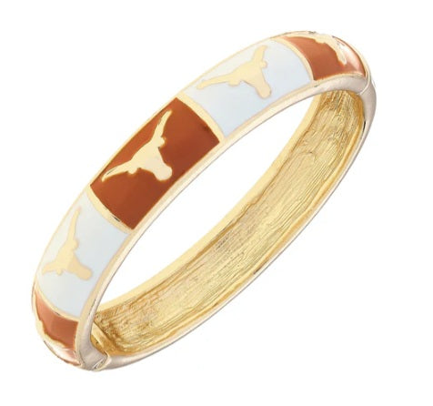 Texas Longhorn Canvas Enamel Logo Checkered Pattern Hinged Bangle (GLD)(26270B-TEX)