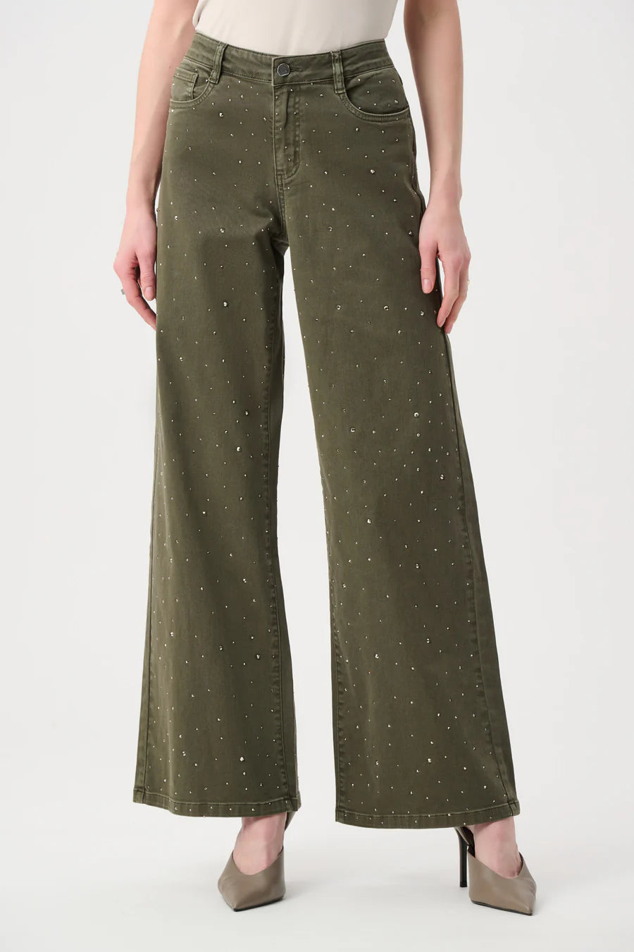Joseph Ribkoff Wide Leg Jewel Embellished Feather Weight Jeans(262940)(Avocado)