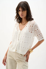 Joseph Ribkoff  Tie Front Crochet Short Sleeve Cover-Up Top ( 262965)(Vanilla)