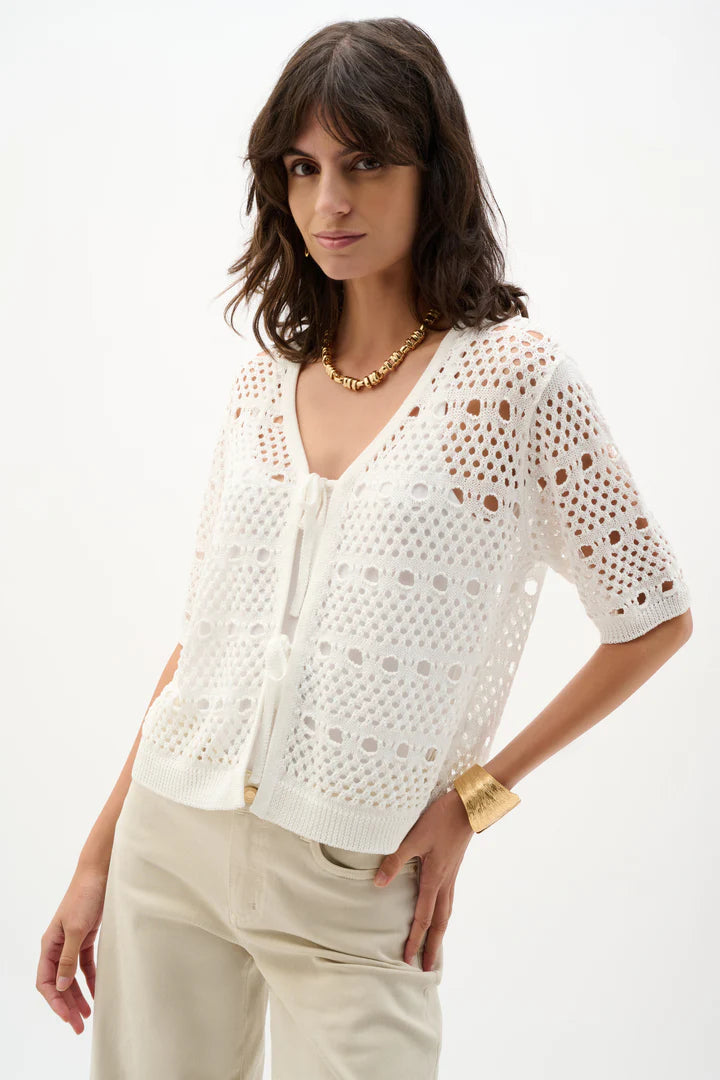 Joseph Ribkoff  Tie Front Crochet Short Sleeve Cover-Up Top ( 262965)(Vanilla)