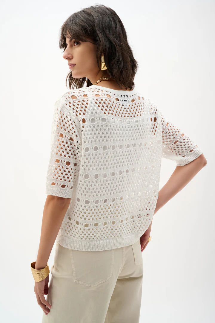 Joseph Ribkoff  Tie Front Crochet Short Sleeve Cover-Up Top ( 262965)(Vanilla)