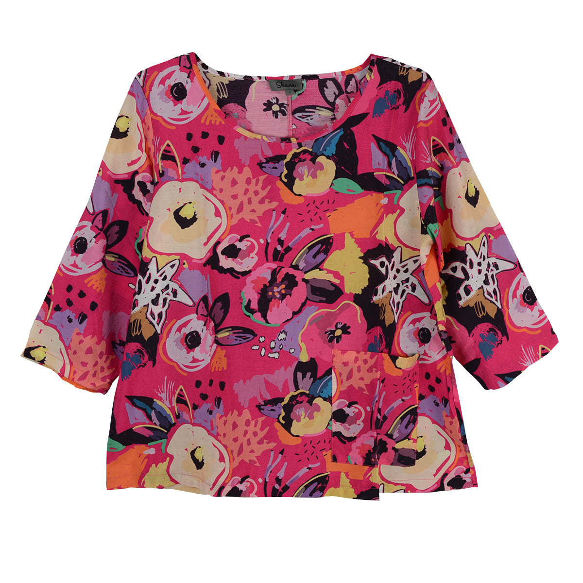 Shana 3/4 Woven Floral Top (26342)(Pink)