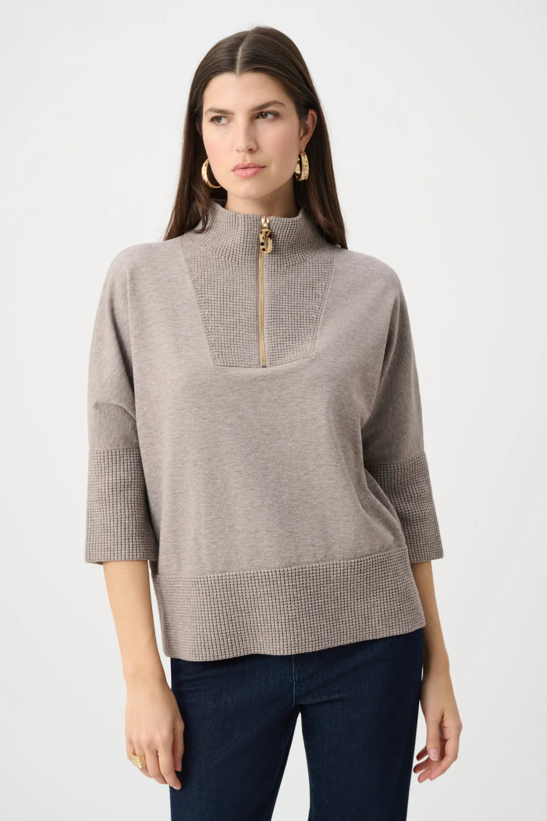 Joseph Ribkoff Funnel Neck Zipper Sweater (263937) (Taupe Melange)