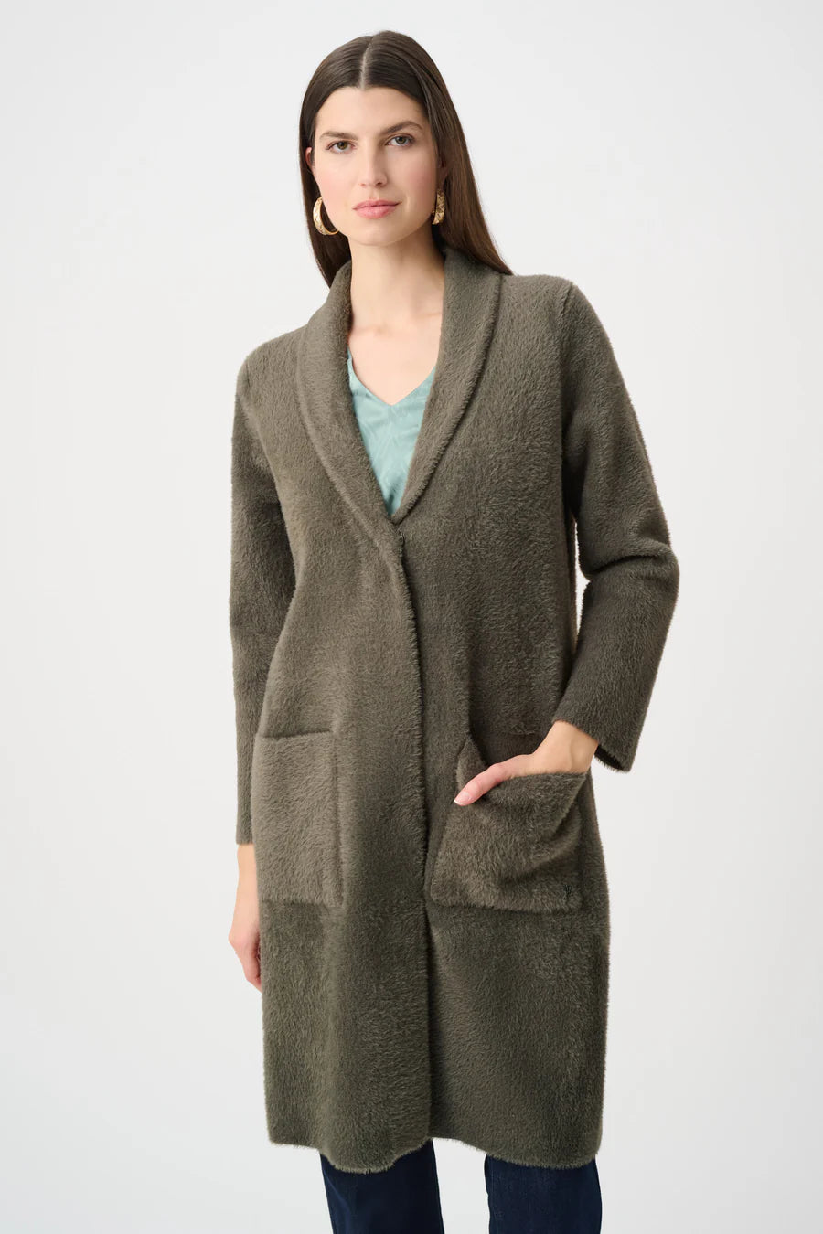 Joseph Ribkoff Feather Yarn Knit Coat With Detachable Faux Fur Collar(263973)(Avocado)