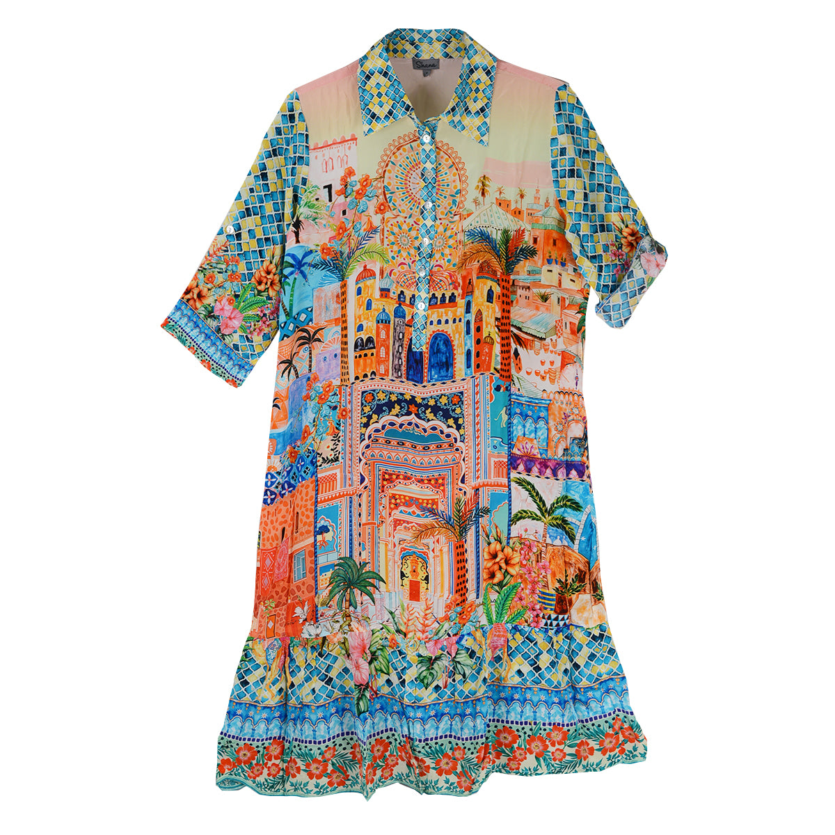 Shana Silk Viscose City Scape  Print Collar Dress (26402)(City)