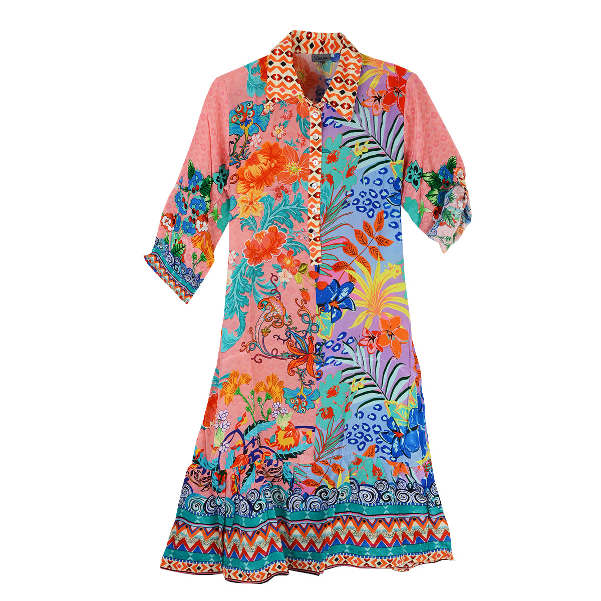 Shana Silk Viscose Floral  Print Collar Dress (26402)(Purple)