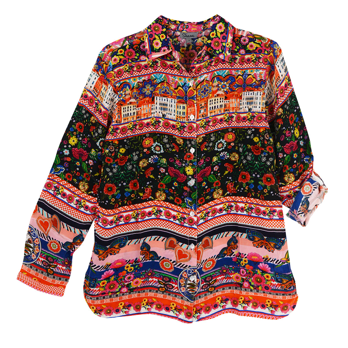 Shana Silk Viscose Mainstreet Print Button Front Blouse (26408)(Black)