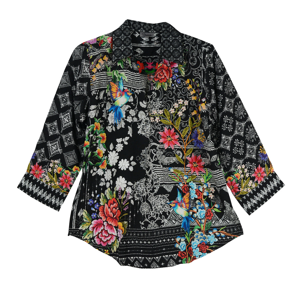 Shana Floral Pop-Over Blouse (26419)(Black)