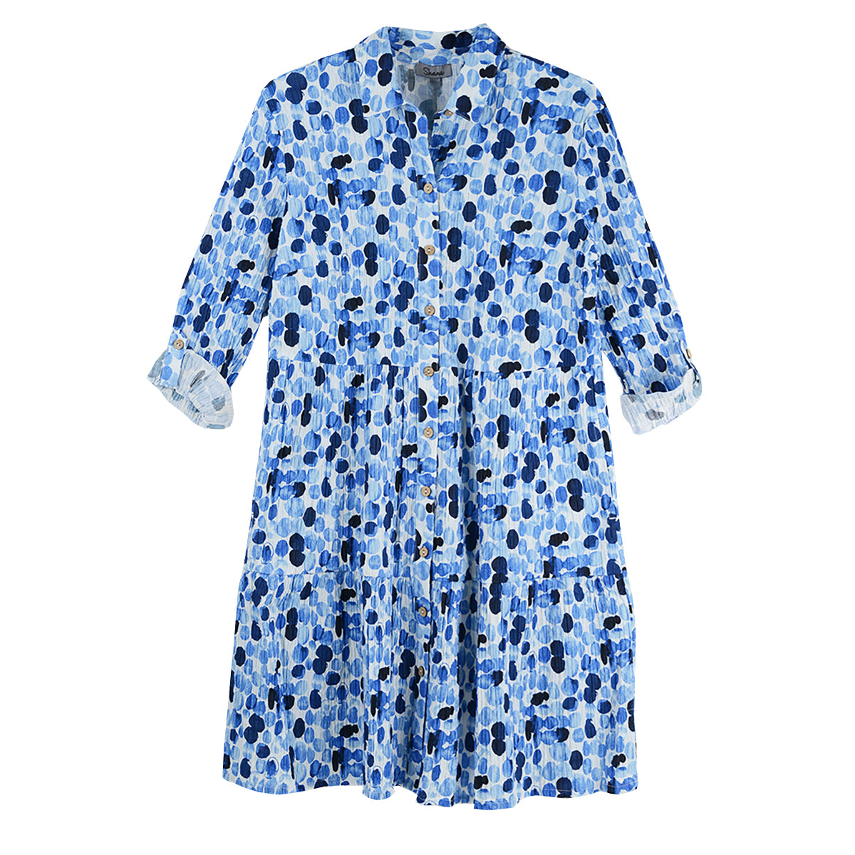 Shana Allover Circles  Cotton Spandex 3/4 Sleeve Print  Dress (26460)(Denim)