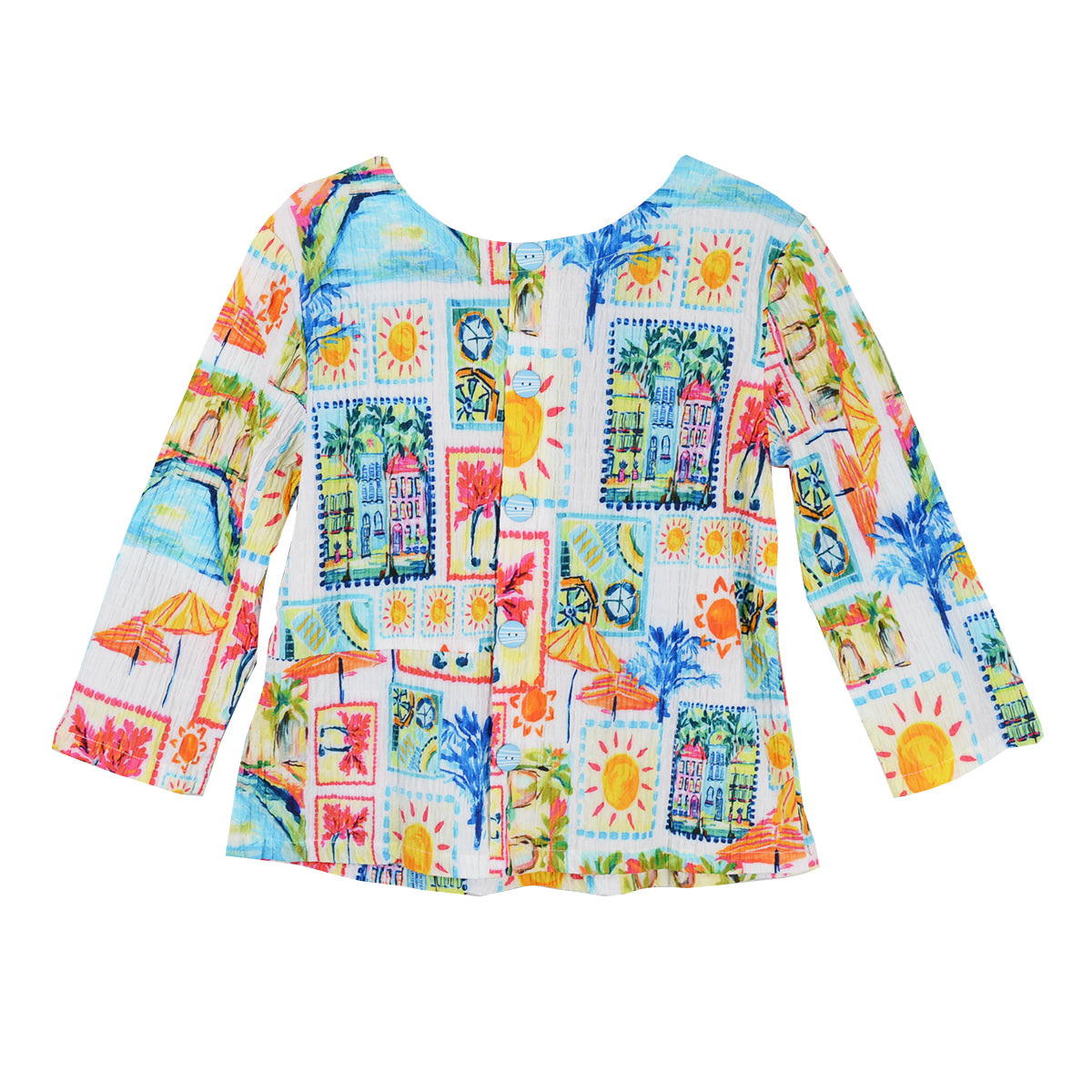 Shana Allover Tropical Sun Print Cotton Spandex 3/4 Sleeve Top (26463)