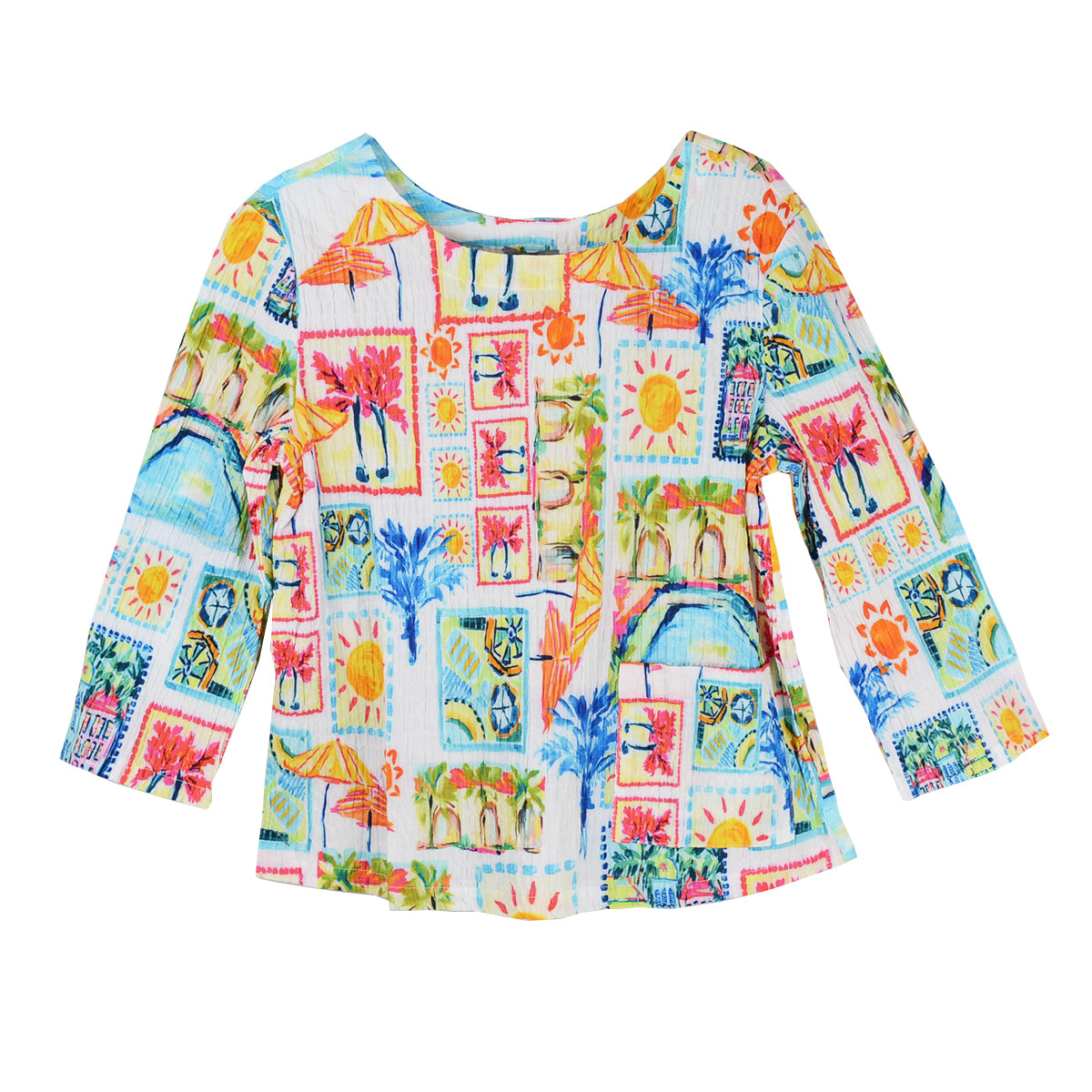 Shana Allover Tropical Sun Print Cotton Spandex 3/4 Sleeve Top (26463)
