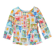 Shana Allover Tropical Sun Print Cotton Spandex 3/4 Sleeve Top (26463)