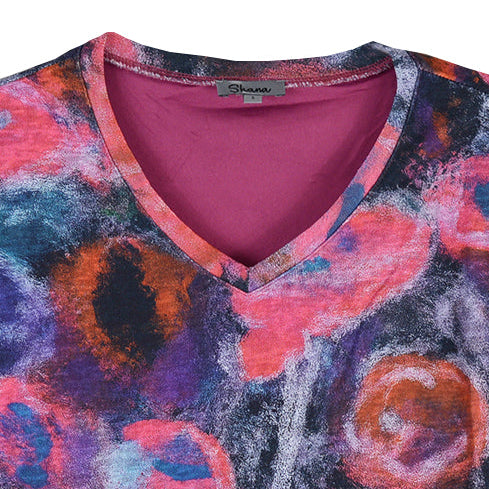 Shana Slub knit Artsy Floral 3/4 V-neck Popover Top (226730)(Floral)