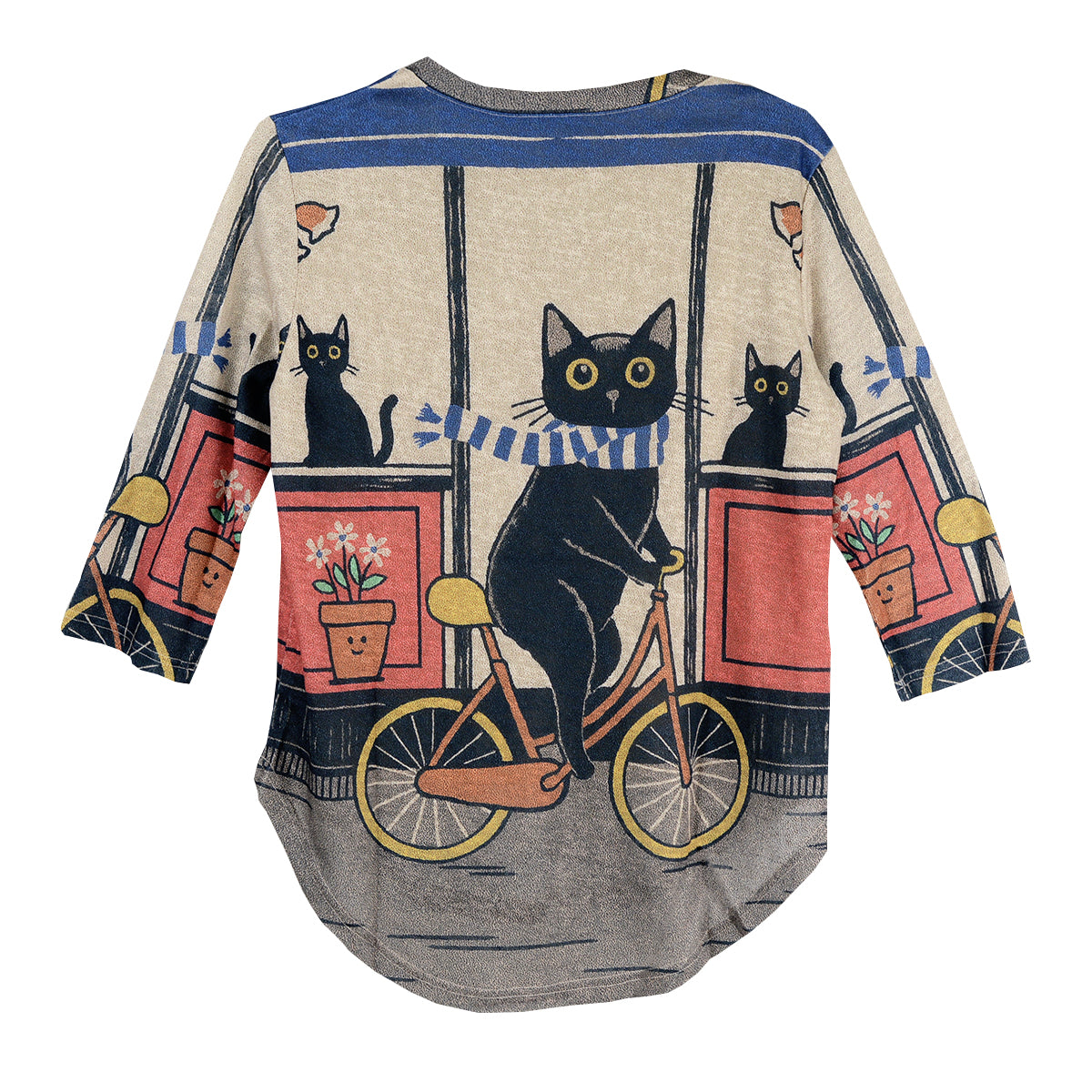 Shana Slub knit Cat on A Bike 3/4 V-neck Popover Top (26730)(Cat )